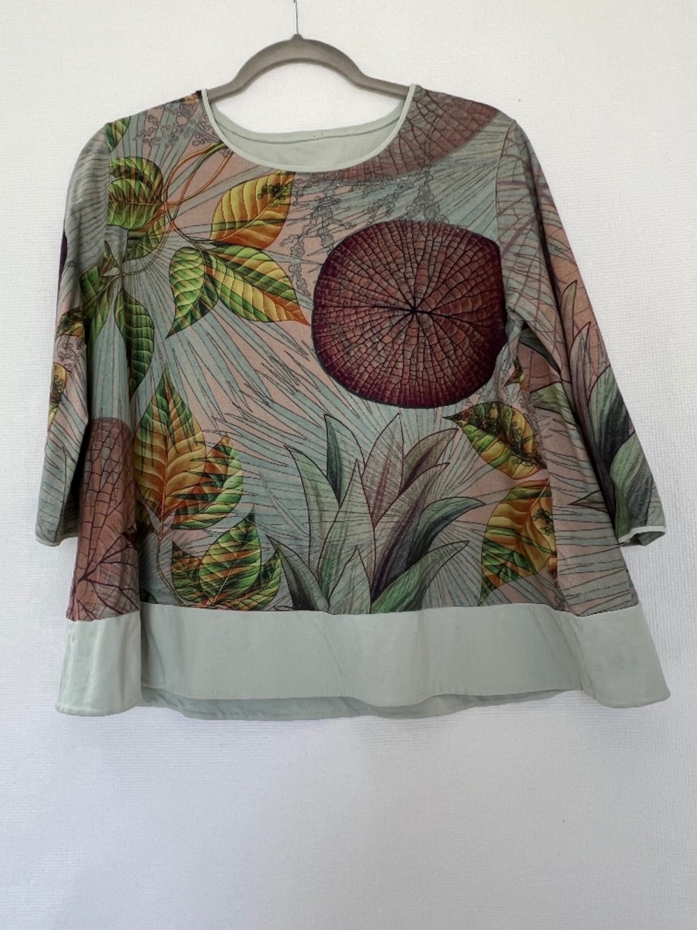 Traces of Me Portugal Botanical Leaf Print Cotton Blouse Top Sage A-Line 3/4 M/L